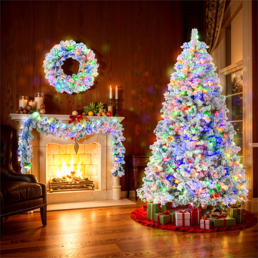 6FT Snow Flocked Christmas Tree, Pre-Lit Set with Tree & Garland &